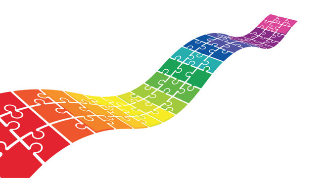 A vibrant and meticulously designed rainbow jigsaw puzzle path flows gracefully across a pristine white background with smooth curves and brilliant color gradients.