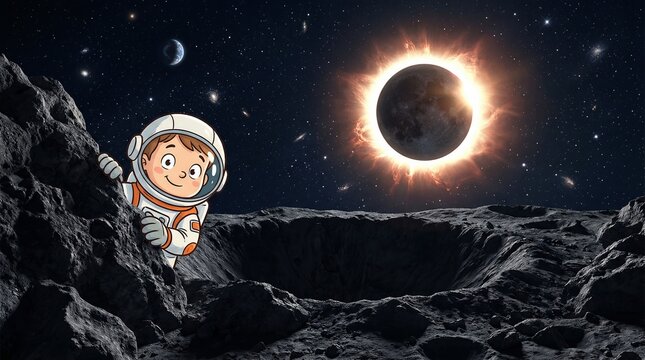 Cartoon astronaut peeks over a lunar crater, smiling as a distant solar eclipse unfolds amid stars and galaxies, playful space exploration for kids and education