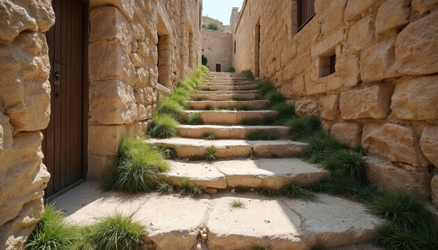 Stone stpic climb between weathered stone houses in an old settlement. Lush green grass grows along the ancient pathway. Sunlight creates shadows on the textured stone.