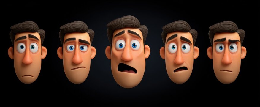 3D cartoon heads with vibrant eyes and lips evoke a rollercoaster of animated character creation emotions.
