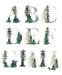 Obraz premium Vector watercolor forest letters for invitation card, poster and other.