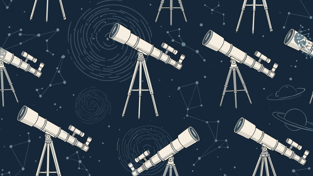 Astronomy themed seamless pattern of telescopes and celestial bodies on a deep blue background for science education and outer space lovers.