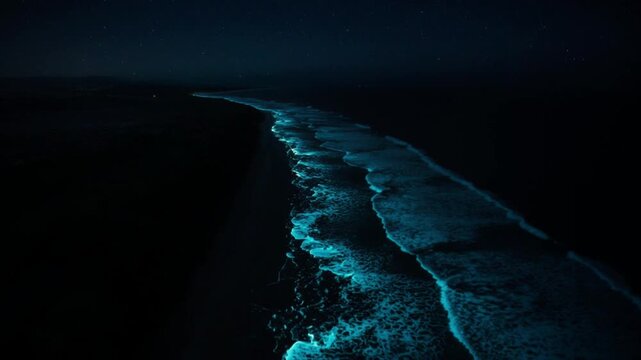 空撮ドローン映像 夜の海岸を青く染める生物発光プランクトンの波