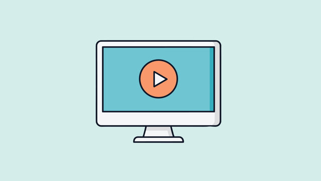 Modern computer monitor display featuring a large orange play button on a blue screen for video streaming and multimedia technology concepts.