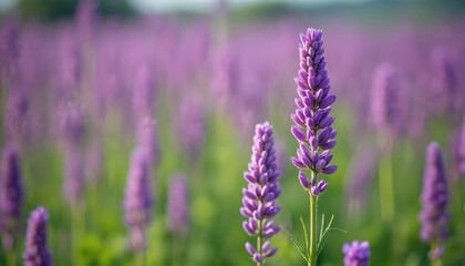 Fototapeta premium Field of blooming purple alfalfa flowers. Delicate petals and green stems stand out against a soft background of more flowers. Detailed macro shot shows natural agricultural crop in countryside.