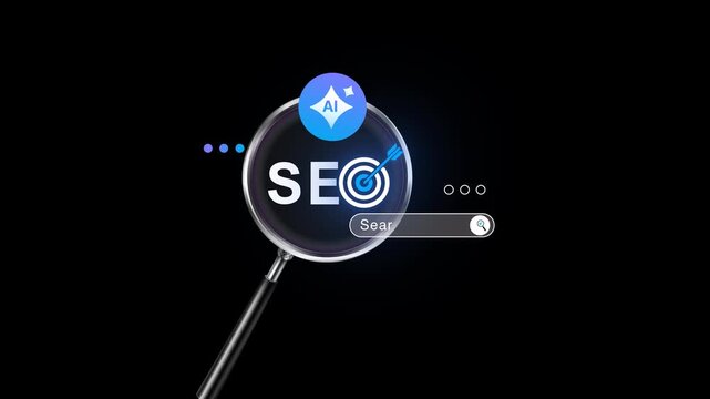 AI SEO Analysis and Keyword Research. magnifying glass over digital search interface, ai powered search engine optimization and keyword research strategy for online marketing growth