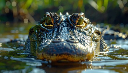 Obraz premium Close-up photo of an American alligator emerging from murky water, its eyes focused and determined