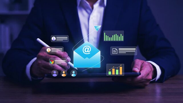 Email Marketing Analytics and Automation with entrepreneur working on laptop analyzing campaign analytics dashboard targeting audience and sending automated messages for business development