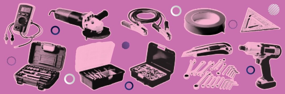 halftone pop art hand tools collection with multimeter grinder wire cutter tape and repair equipment set