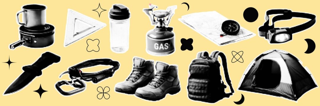 halftone pop art travel camping equipment set with gas stove knife rope shoes tent and outdoor adventure collection