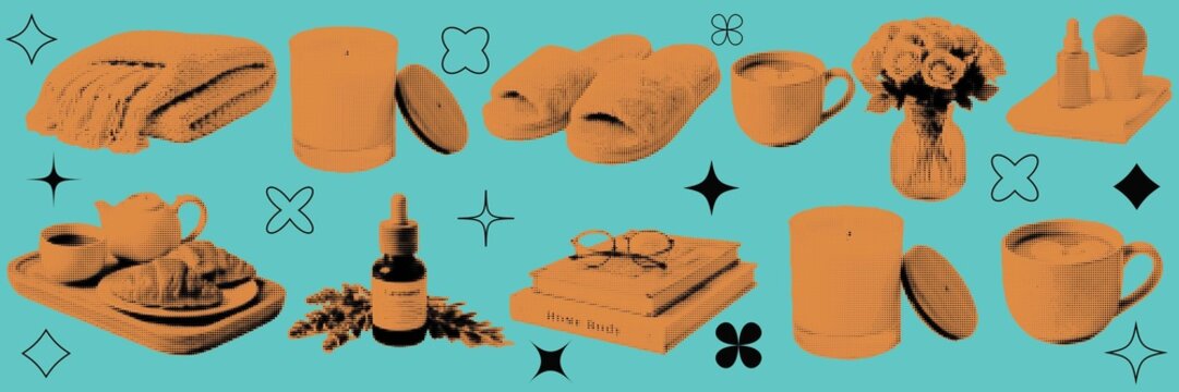 halftone pop art daily life materials set with cup towel cosmetic bottle book and home objects collection