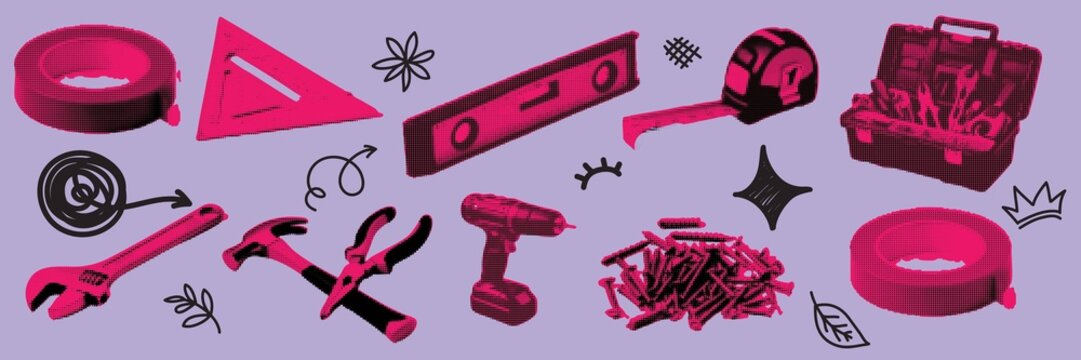 halftone pop art construction tools set with wrench pliers drill screw and toolbox equipment collection