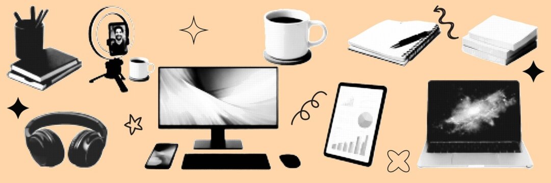 halftone pop art office equipment set with monitor laptop phone headphone and workspace objects collection