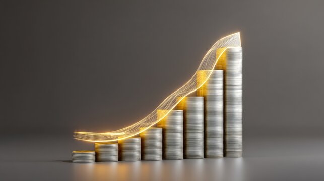 Stacked Coins Representing Financial Growth with an Upward Trendline and Glowing Effect for Business and Investment Concepts