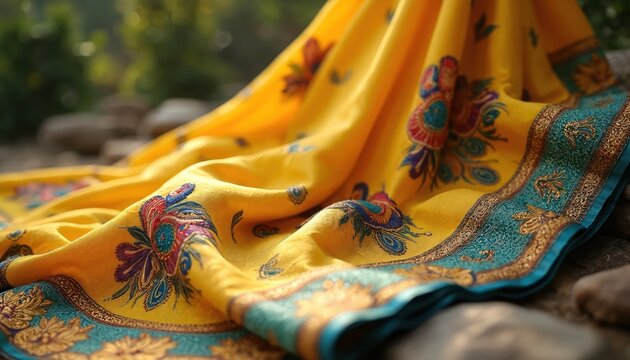 Yellow Paithani saree fabric unfolds with intricate peacock motifs and ornate borders. Rich textile art displayed on natural stones, suggesting cultural elegance and traditional craftsmanship.