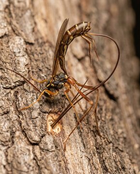 Female ichneumonidae hymenoptera curving its abdomen to drill into tree bark