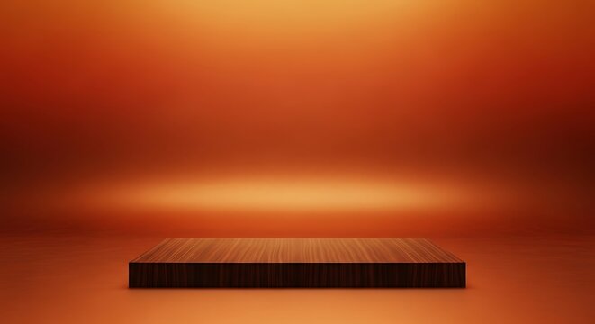 Minimalist 3D rendered wooden platform bathed in warm orange light, presenting a focal point for product display or showcasing, abstract studio background.