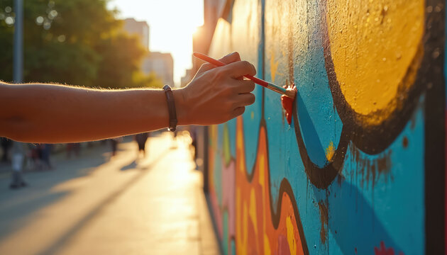 Artist hand paints large colorful mural on outdoor wall at sunset. Person adds detail using brush on bright street art with sun flare. Public art creation.