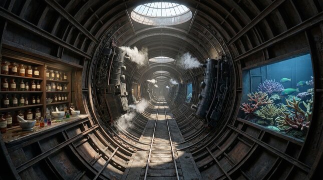 Surreal train tunnel presenting a blend of transportation, chemistry, and marine biology, featuring vintage steam engines, an old pharmacy setup, and a vibrant coral reef aquarium