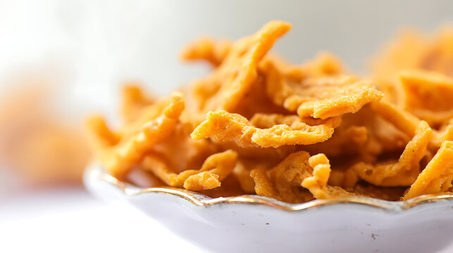 Golden orange crunchy snack piled high in a white bowl with gold trim on a clean background