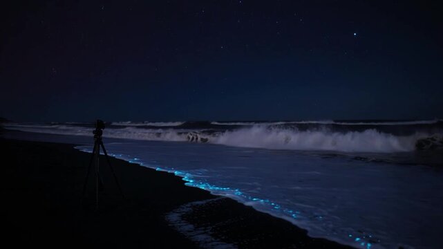 黒砂海岸の生物発光　タイムラプスで見る泡の神秘的な夜の浜辺