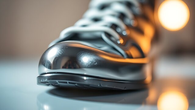 Extreme close-up of metallic shoe aglet reflecting studio light.