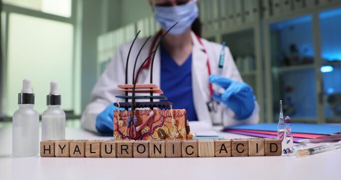 Text Hyaluronic Acid on cubes with skin layers model and cosmetic products in clinic. Cosmetologist holds syringe with youth vaccines in clinic