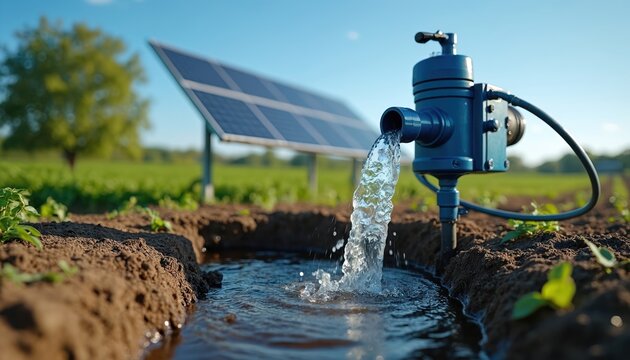 Blue water pump with solar panel irrigates farm field. Clean water flows from pipe into furrow. Green plants grow under bright sun. Sustainable farming technology.
