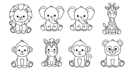 Fototapeta premium Black and white baby zoo animals line art vector set with cute cartoon outlines for kids coloring