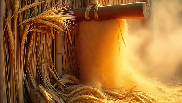 Golden wheat grains flying from sheaves during threshing.