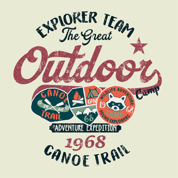 The great outdoor wildlife young explorer adventure cute vector print for children kid wear with applique embroidery patches grunge effect in separate layer