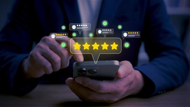 Five Star Customer Rating and Positive Review on Smartphone &ndash; Excellent Service and User Satisfaction Concept