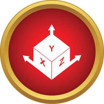 White 3d cube with xyz coordinate system arrows on a red button