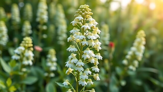 Tall lovage plants with umbrella-shaped flowers in summer garden, botanical style.