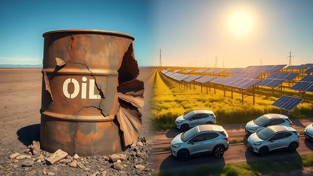 A cracked oil drum contrasted with a field of solar panels and electric vehicles.