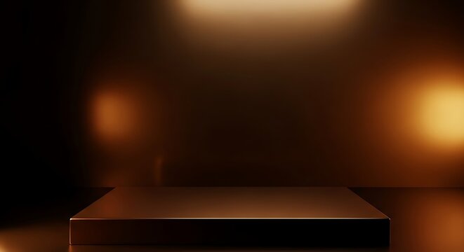 Luxurious dark metallic podium bathed in warm, glowing spotlight illumination, perfect for product display with an elegant, sophisticated, and modern studio aesthetic.