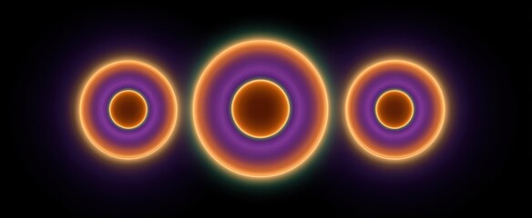 Naklejka premium Translucent amber oval frame creates cosmic allure with green rings and purple halos on black.