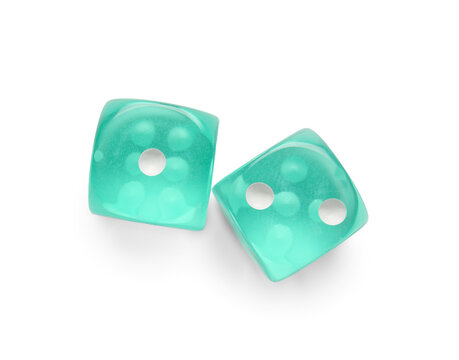 Turquoise game dices on white background