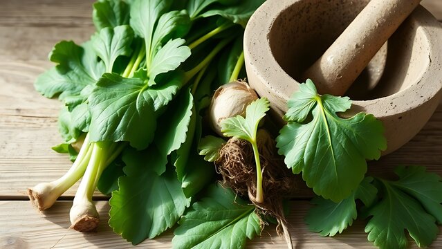 Fresh comfrey leaves and roots placed beside a rough clay mortar on wood.