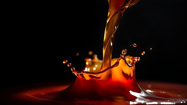 Dark amber liquid pouring from a flagon in a dynamic splash.