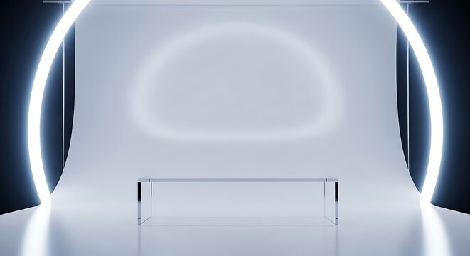 Minimalist 3D studio setup with a glowing futuristic ring light, a translucent acrylic pedestal, and a soft white curved backdrop, evoking modern showroom ambiance.