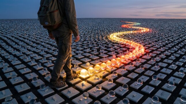 Person with a backpack walking on a surreal landscape of light switches, a glowing, colorful path illuminating under their steps, symbolizing innovation, discovery, and finding the right way