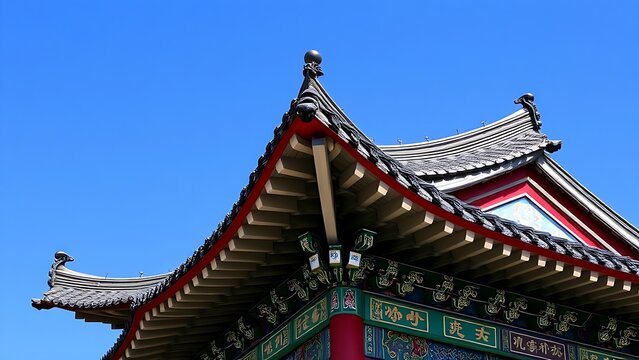 Temple roof corner with colorful dancheong paintings against a blue sky.