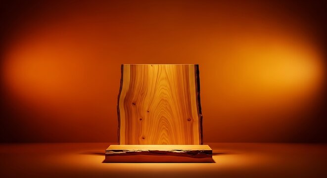A Rustic, Live-Edge Wooden Pedestal with Rich Grain Patterns, Illuminated by Warm, Dramatic Spotlights on a Textured Amber Background