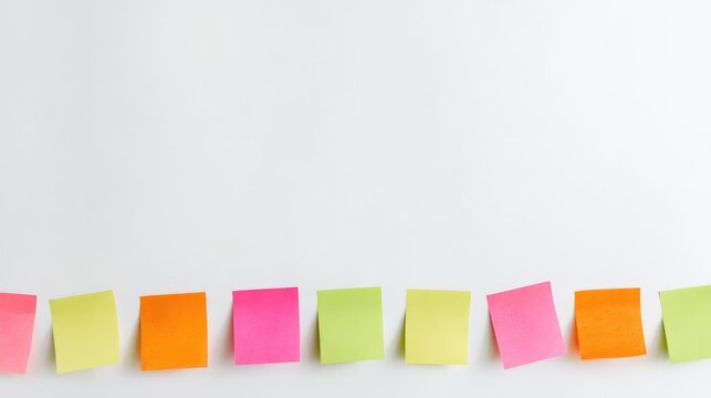 Colorful sticky notes in a row on white backdrop, ideal for brainstorming, reminders, organization, planning, and creative visualization tasks.