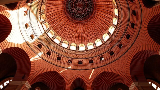 Intricate brick squinch supporting a dome in an Islamic mosque.