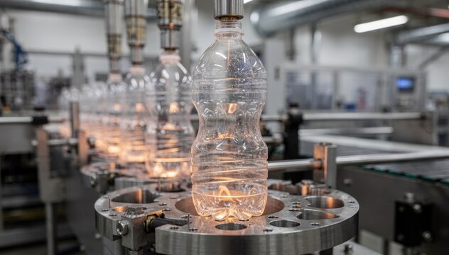 Medium shot highlighting hotfill stretch blow molding where specially designed bottles are formed with highpressure air to withstand hot liquid filling and thermal stress.