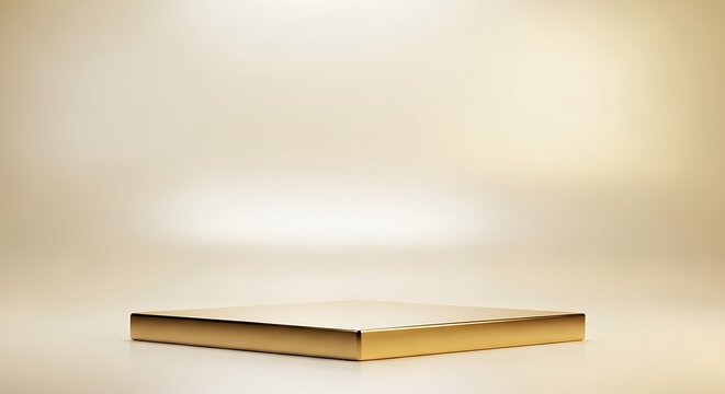 Elegant, minimalist golden square podium bathed in soft, ethereal light, showcasing a luxurious product display stage, perfect for beauty and cosmetic advertising.