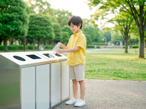 公園でペットボトルをゴミ箱に分別する男の子