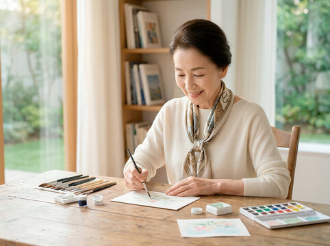 自宅で水彩画を楽しむシニア女性